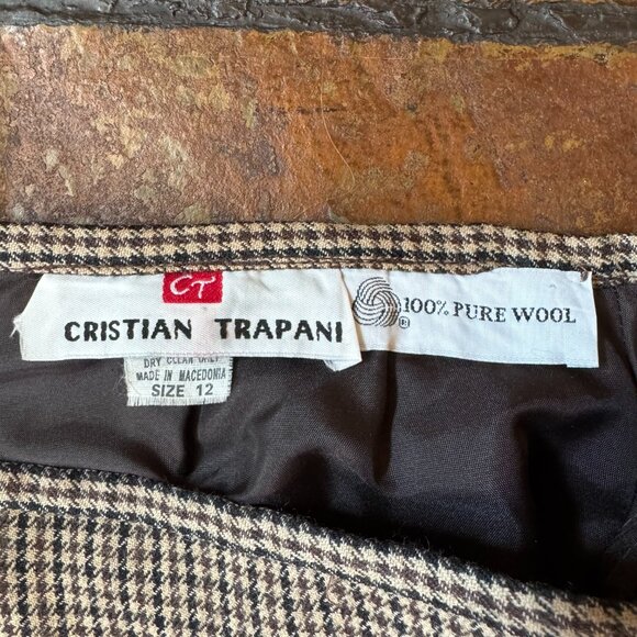 Vintage Cristian Tripani Black / Brown / Tan Houndstooth A-Line Skirt, Size 12 - Picture 6 of 6